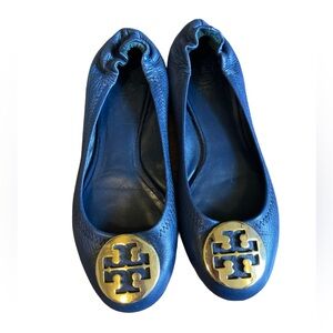 Tory Burch Navy Leather Reva Logo Ballet Flats with Gold Medallions